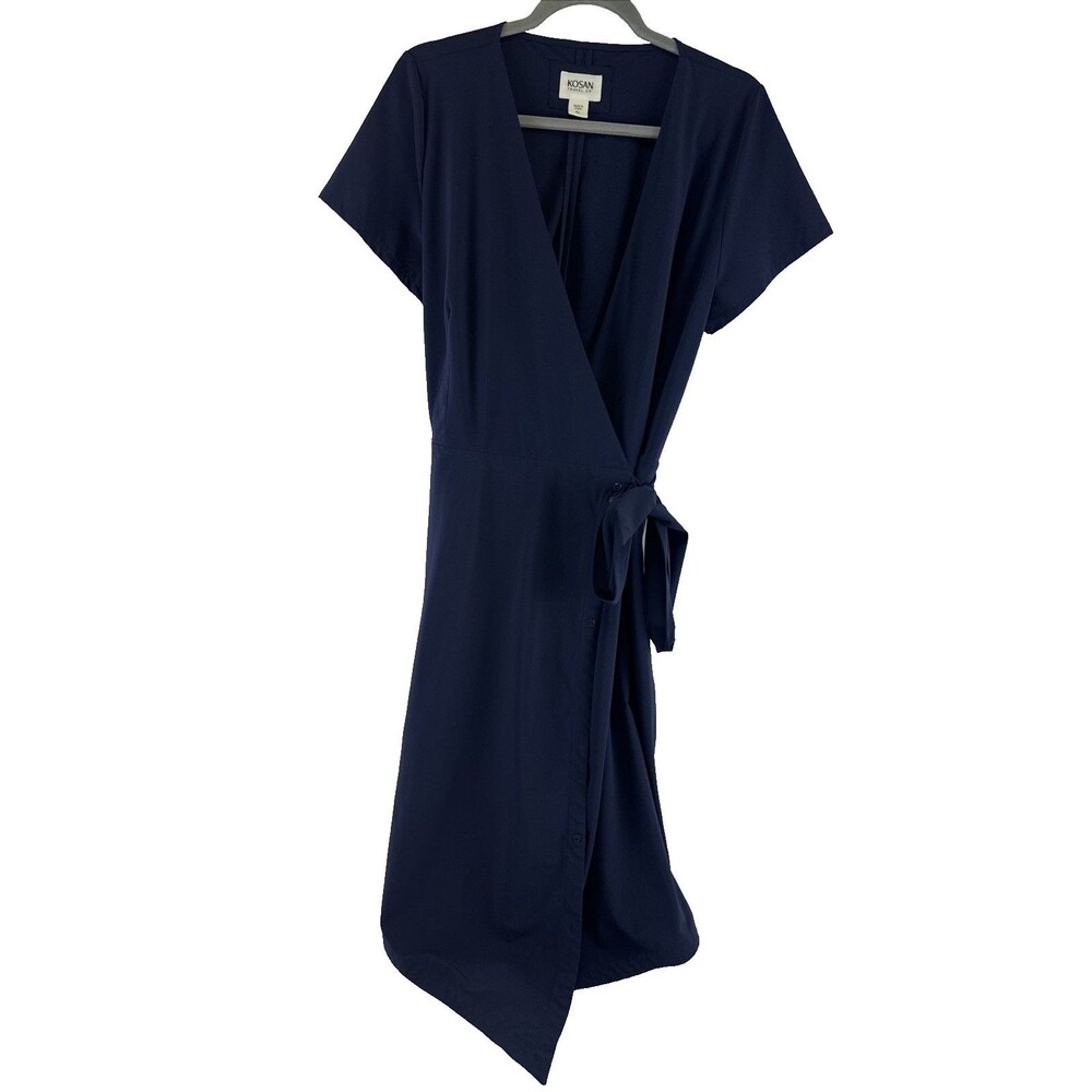 The Kosan Go Travel Wrap Dress Navy Short Sleeves Zip Pocket Adjustable Women XL - Picture 2 of 16